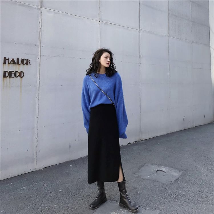 Mikiko - 高腰純色針織開衩中長鉛筆裙