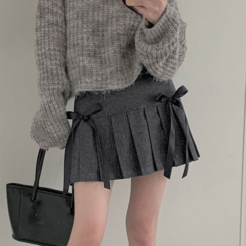Sosana - 低腰純色蝴蝶結裝飾迷你打褶襉裙