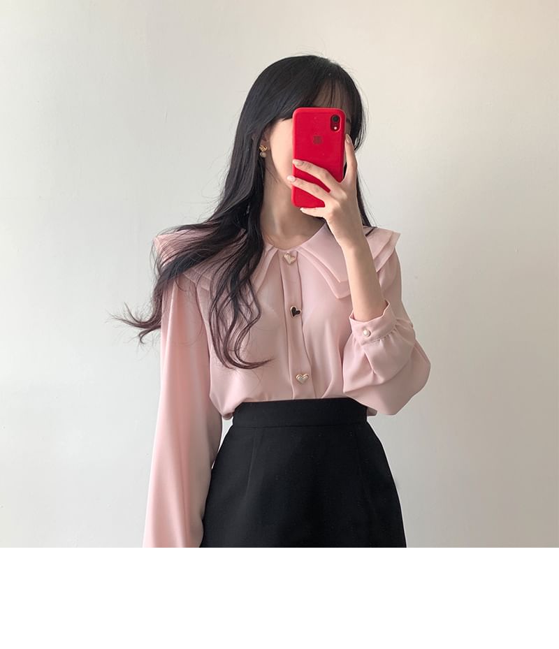 Coris - 長袖純色心心鈕扣襯衫 / 高腰風琴褶迷你A字裙