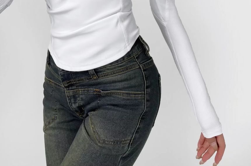 Asiris - 長袖小高領純色半拉鏈拼接上衣