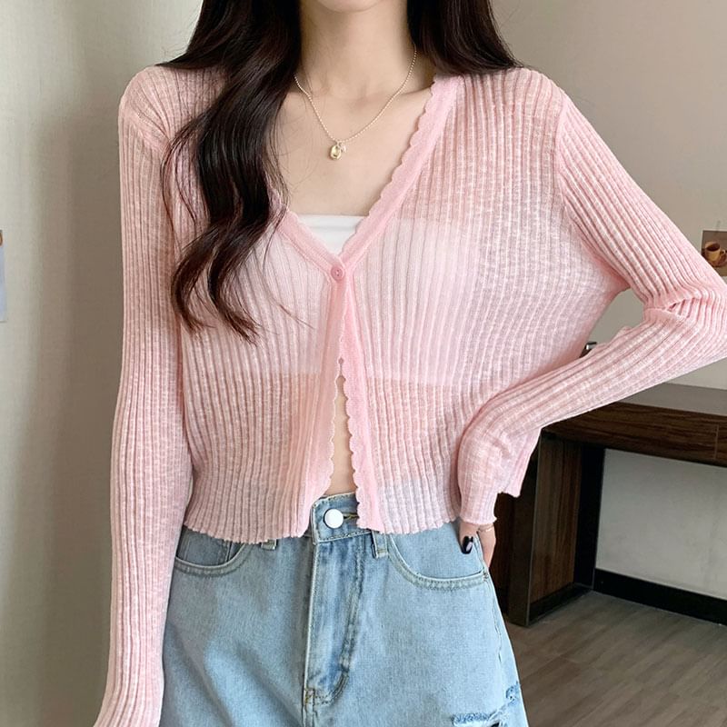 Shinsei - V領純色羅紋飾扣開衫