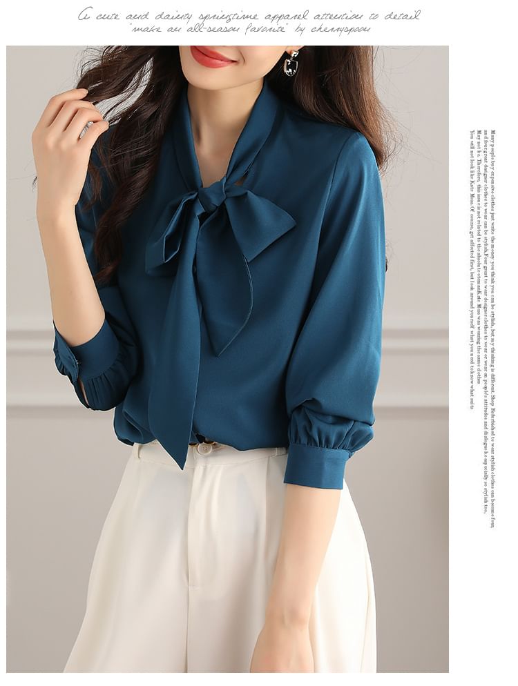 Jeonseon - 長袖領結帶純色襯衫