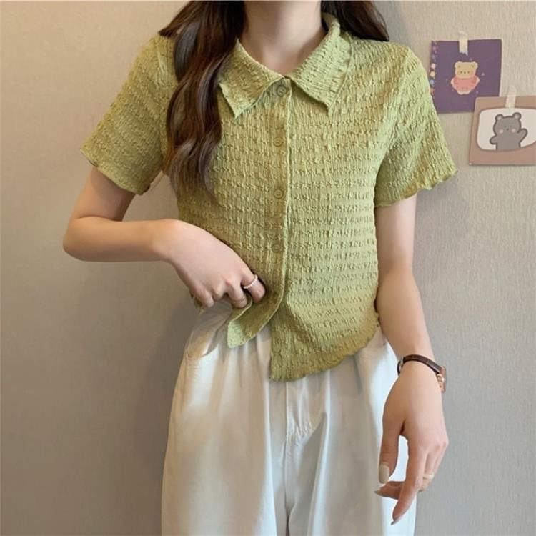 Fabricino - 短袖純色波浪邊襯衫