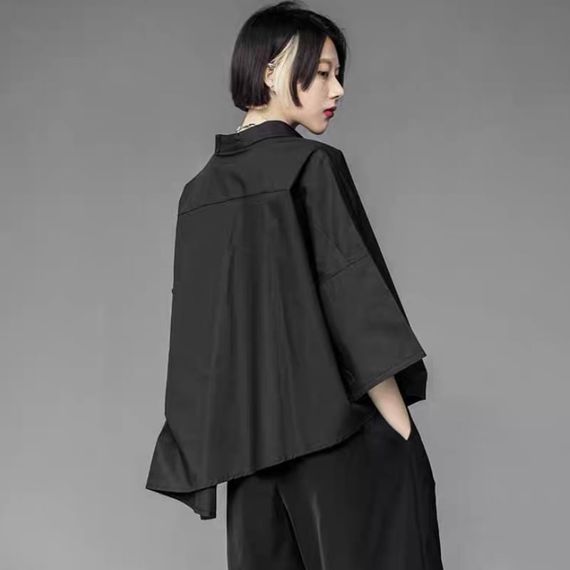 SIMPLE BLACK - 七分袖純色不對稱襯衫
