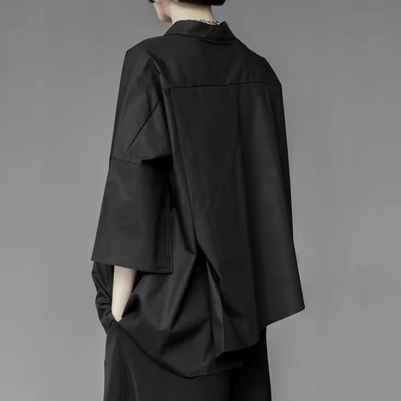 SIMPLE BLACK - 七分袖純色不對稱襯衫