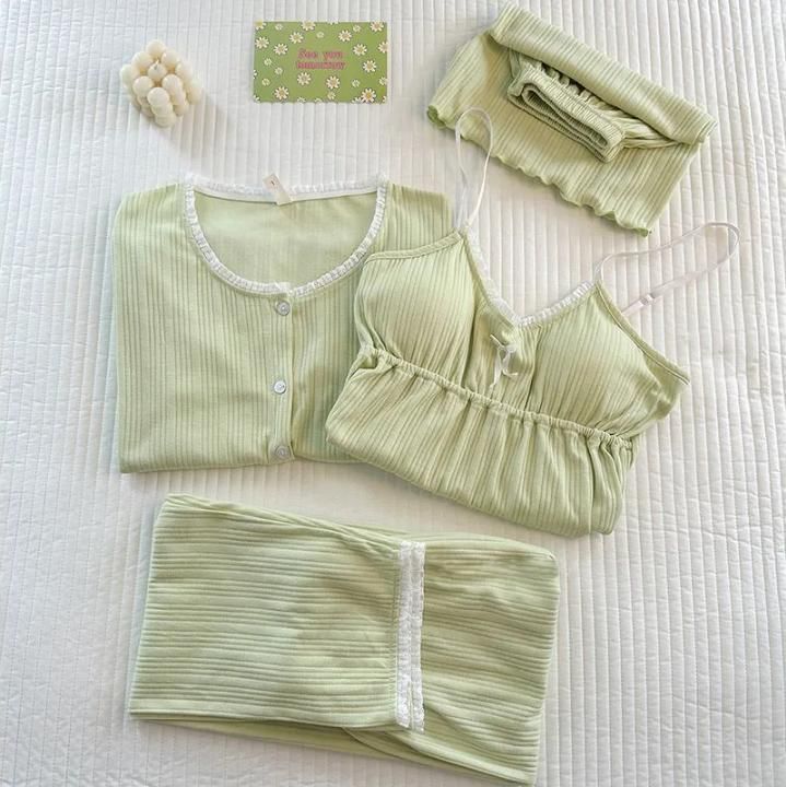 Siensien - 家居服套裝: 長袖純色鈕扣上衣 + 帶胸墊吊帶背心 + 褲子 + 短褲