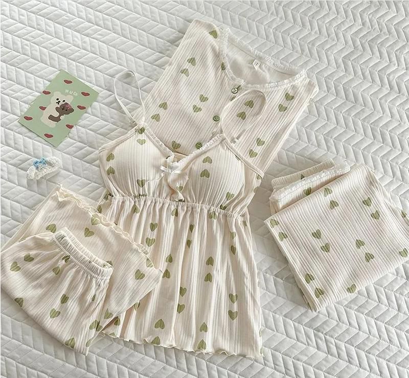 Siensien - 家居服套裝: 長袖純色鈕扣上衣 + 帶胸墊吊帶背心 + 褲子 + 短褲