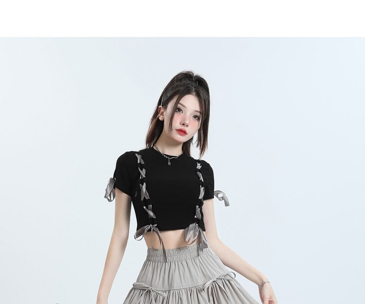 Shira - 束腰純色蝴蝶結拼接迷你A字氣球裙