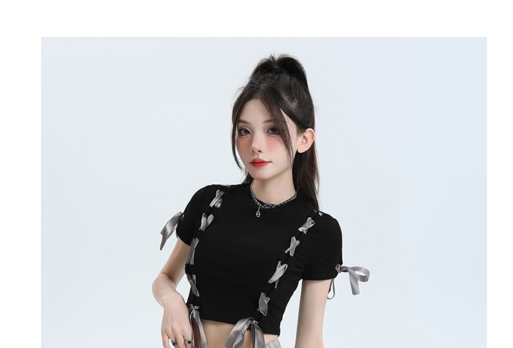 Shira - 束腰純色蝴蝶結拼接迷你A字氣球裙