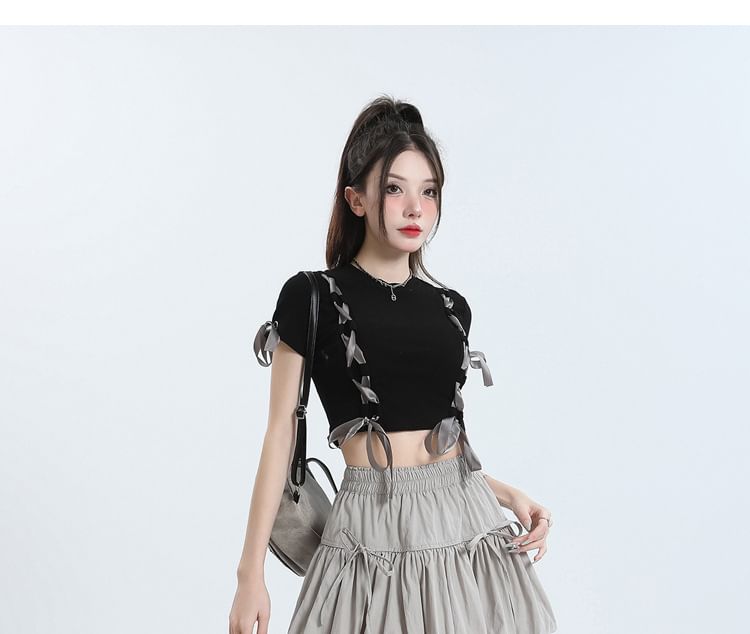 Shira - 束腰純色蝴蝶結拼接迷你A字氣球裙