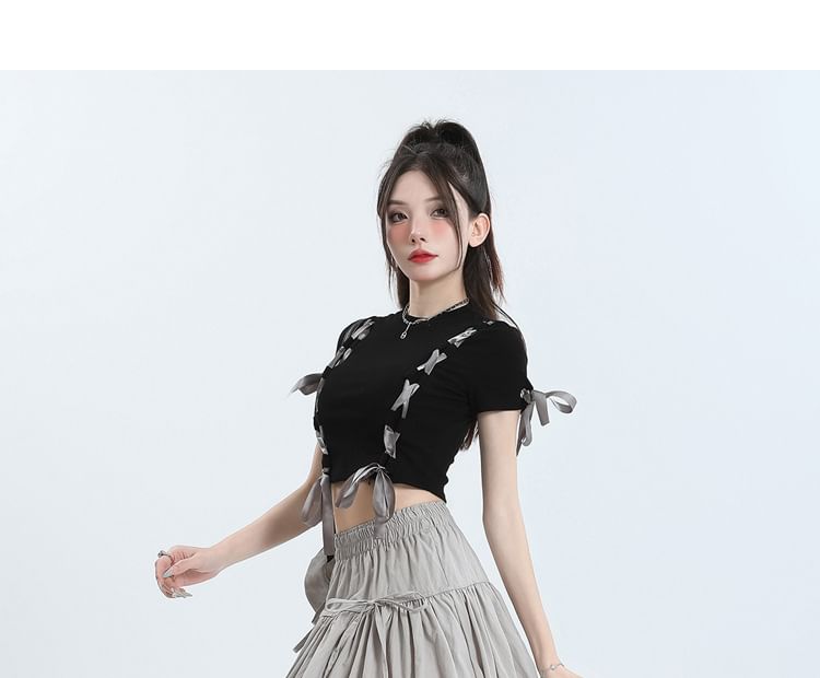 Shira - 束腰純色蝴蝶結拼接迷你A字氣球裙