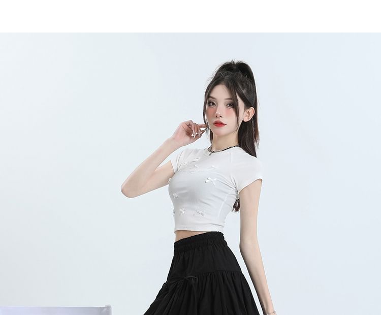 Shira - 束腰純色蝴蝶結拼接迷你A字氣球裙