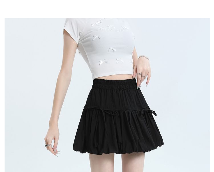 Shira - 束腰純色蝴蝶結拼接迷你A字氣球裙