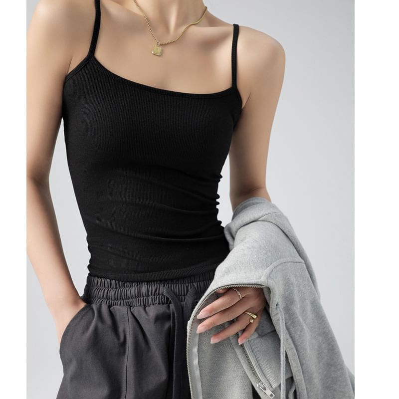 PERKARP - 低圓領純色羅紋露背短款吊帶背心