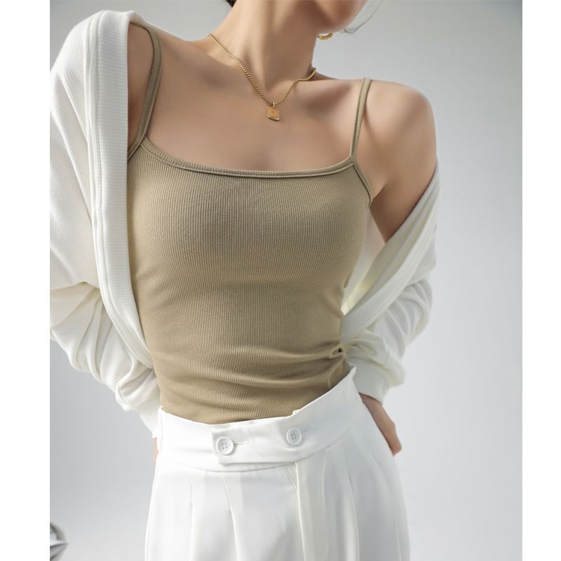 PERKARP - 低圓領純色羅紋露背短款吊帶背心