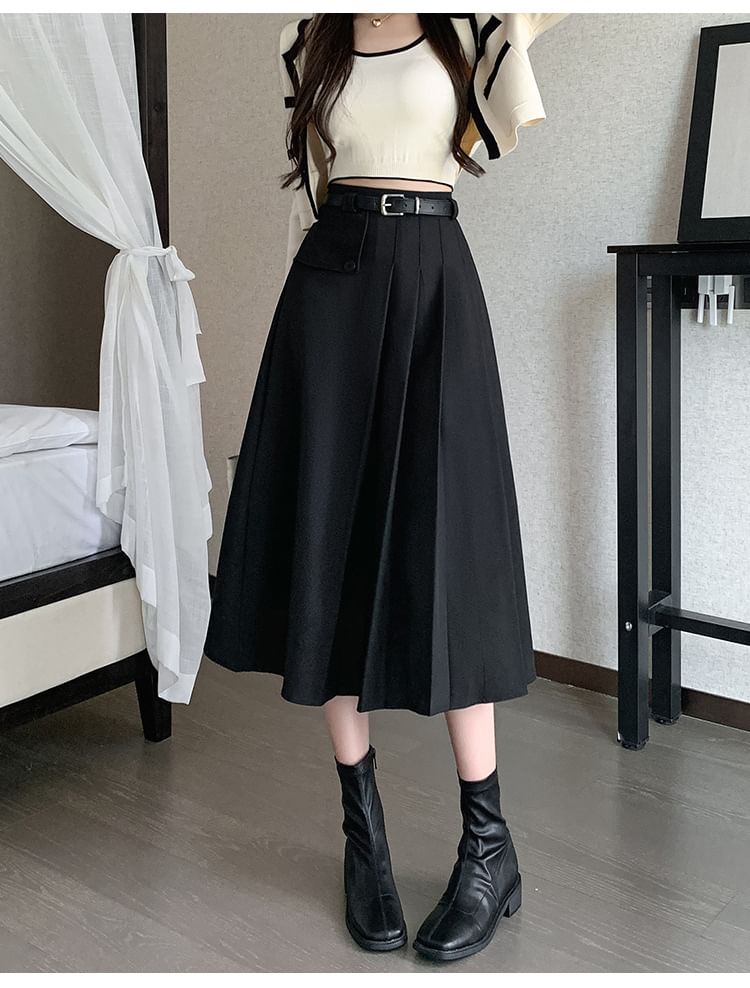 Odestra - 高腰純色不對稱打褶襉A字長裙