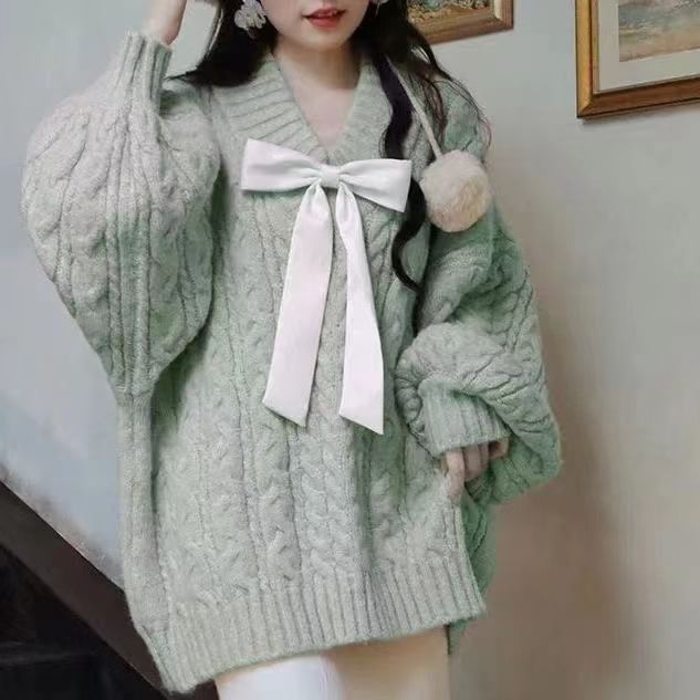 Sisyphi - V領蝴蝶結麻花針織毛衣