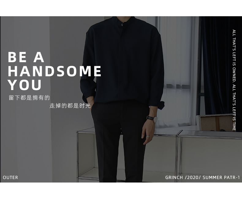 Phoneus - 長袖立領純色鈕扣襯衫