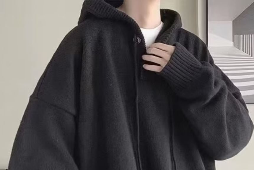 GRAYCIOUS - 半排扣純色針織連帽衫