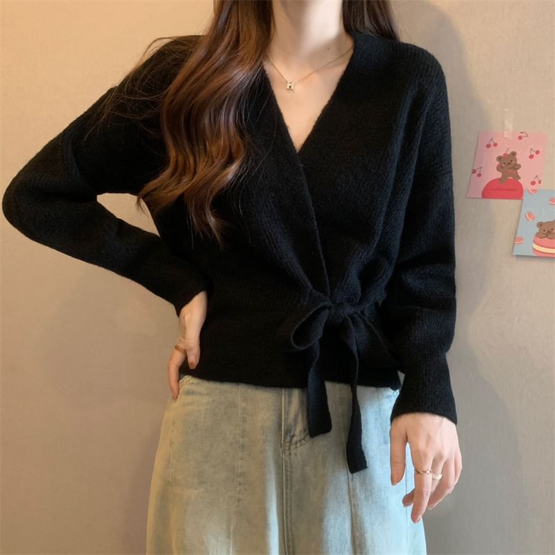 Shinsei - 氣球袖V領純色腰結帶裹式毛衣
