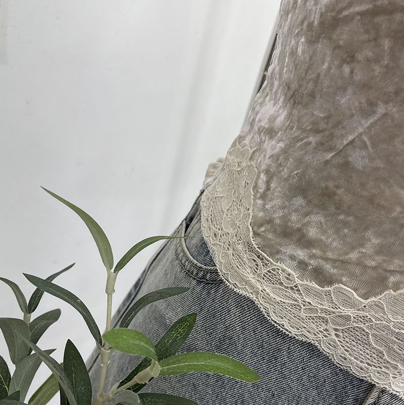 Allinya - 純色蕾絲邊加墊絲絨短款吊帶背心