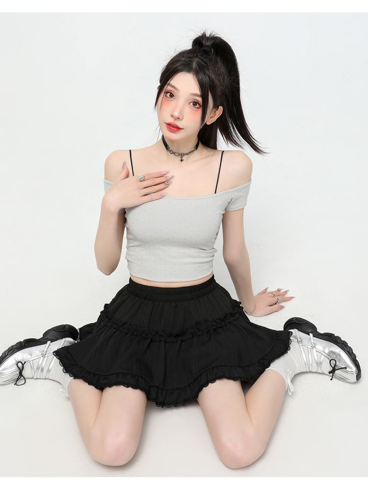KUMI - 芭蕾舞束腰純色搭層荷葉蕾絲邊迷你A字裙