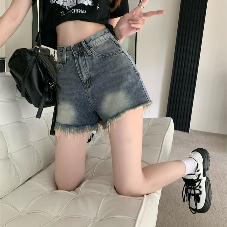 Denimot - 高腰水洗做舊牛仔短褲