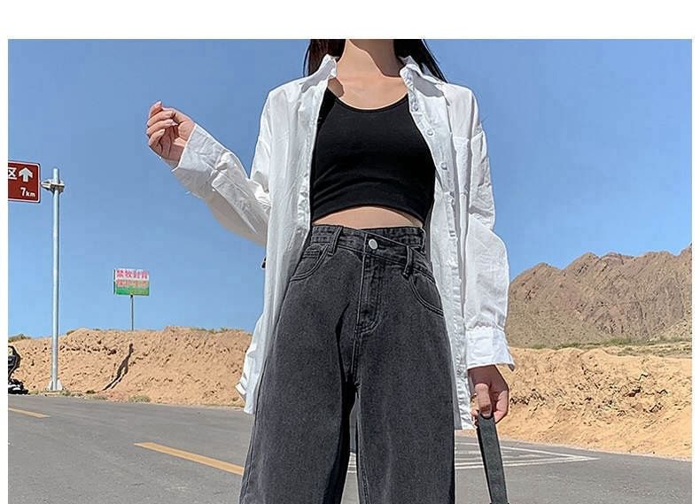 Rosesand - 高腰不對稱腰線水洗直筒牛仔褲