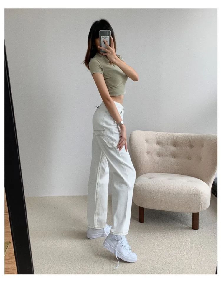 Shira - 高腰水洗明線直筒牛仔褲