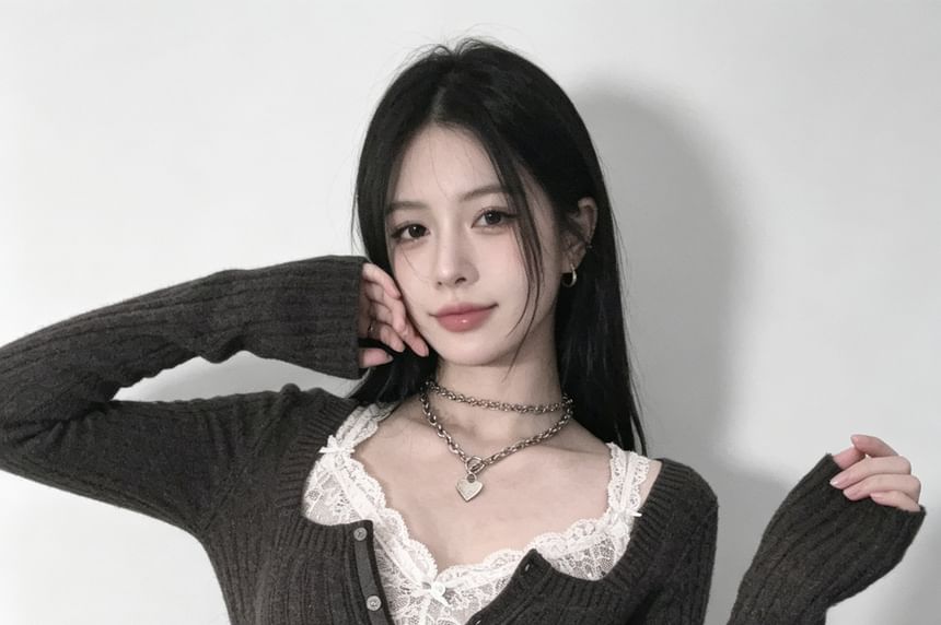 Rosesand - 長袖方領純色麻花針織扣鈕寬鬆針織上衣