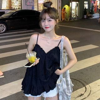 Yako-純色皺摺邊飄逸吊帶背心-均碼