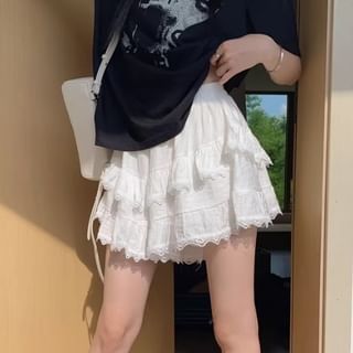 Ukiyo-芭蕾舞高腰純色層層蕾絲邊A字迷你裙褲-中碼