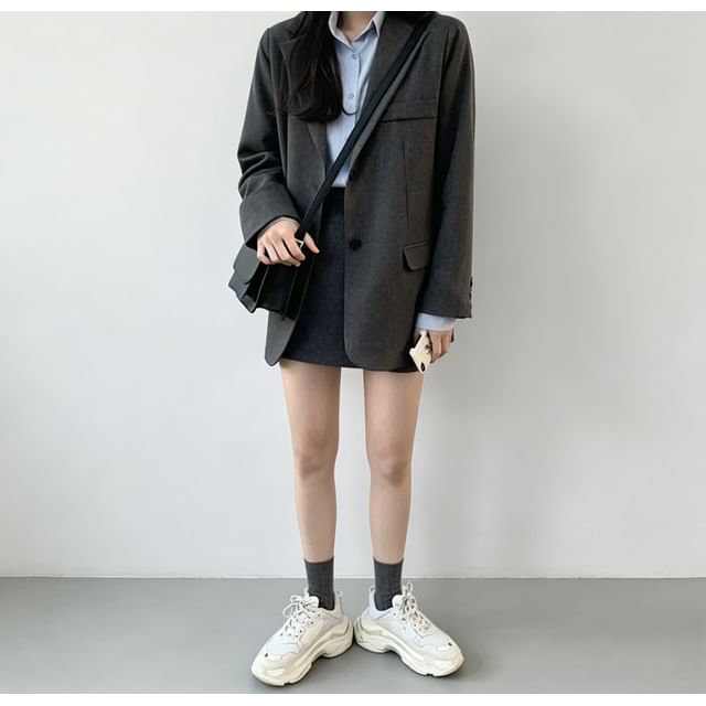 Leoom-純色單排扣西裝外套  迷你鉛筆裙