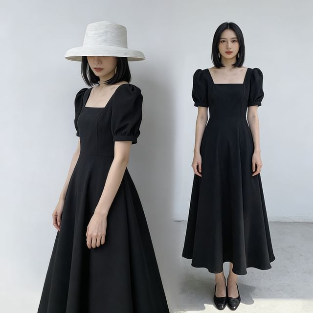 ANORA-泡泡袖方領A字連衣中裙