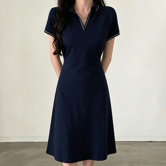 Coris-短袖配色飾縫線馬球連衣裙