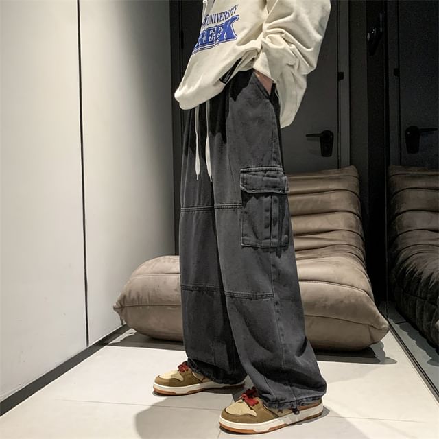 Zentrus-高腰抽繩寬腿工裝牛仔褲-3XL