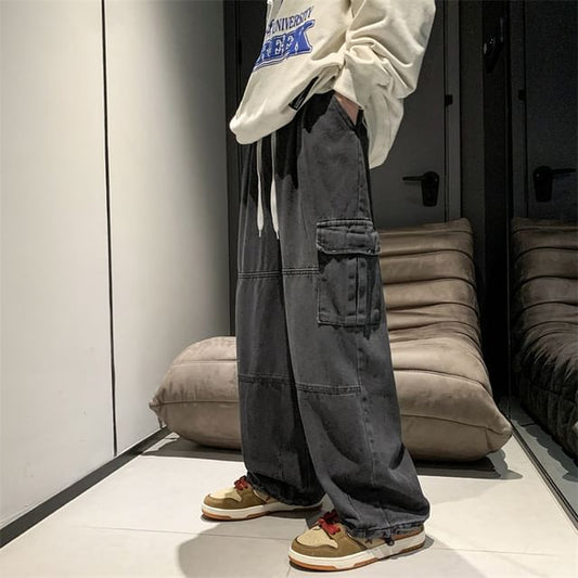 Zentrus-高腰抽繩寬腿工裝牛仔褲-3XL