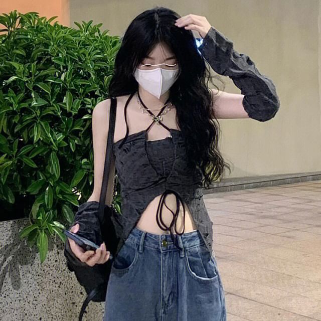 Bolgivy-掛脖純色仿舊抽繩短款上衣-中碼