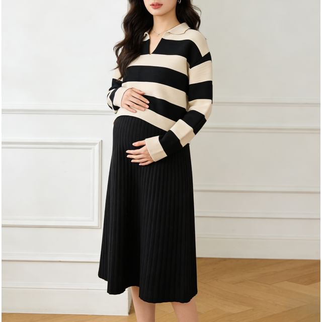 NEUF-孕婦領條紋寬鬆毛衣  無袖低圓領純色針織A字連衣中裙