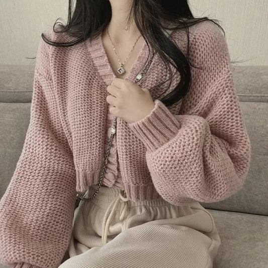Mikiko-V領純色扣鈕短款開衫