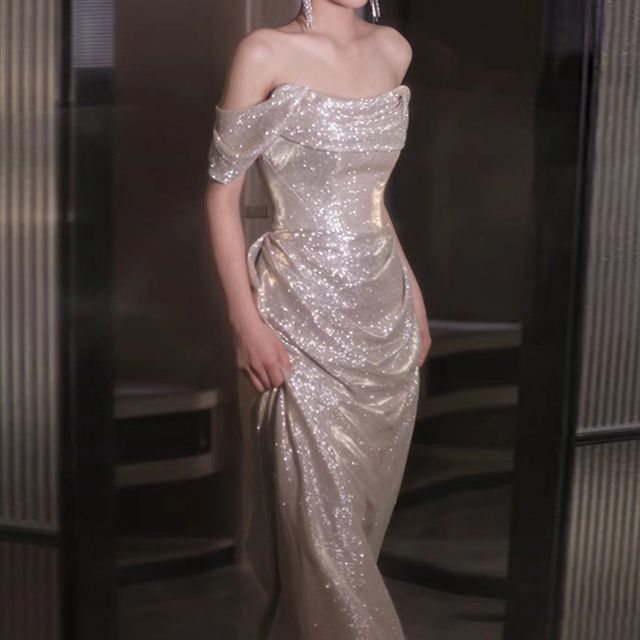 MSSBridal-短袖露肩純色亮面皺褶A字晚禮服-大碼