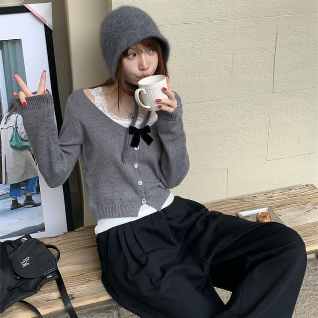 Beem-蕾絲邊吊帶背心  低圓領純色開衫