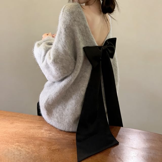 Magma-泡泡袖純色露背蝴蝶結寬鬆毛衣-均碼